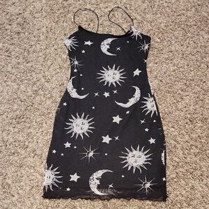 Celestial Dress Moon Stars Mini Mesh Whimsy Goth Witchy Small Y2K Polly Ester